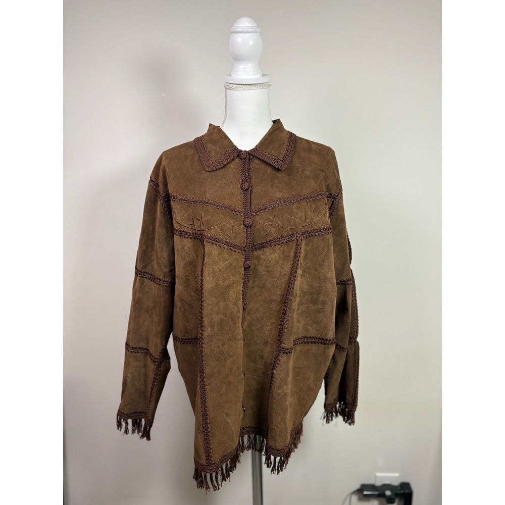 Dressbarn Woman Brown Leather Suede Fringe Western Jacket Plus Size 16W Crochet